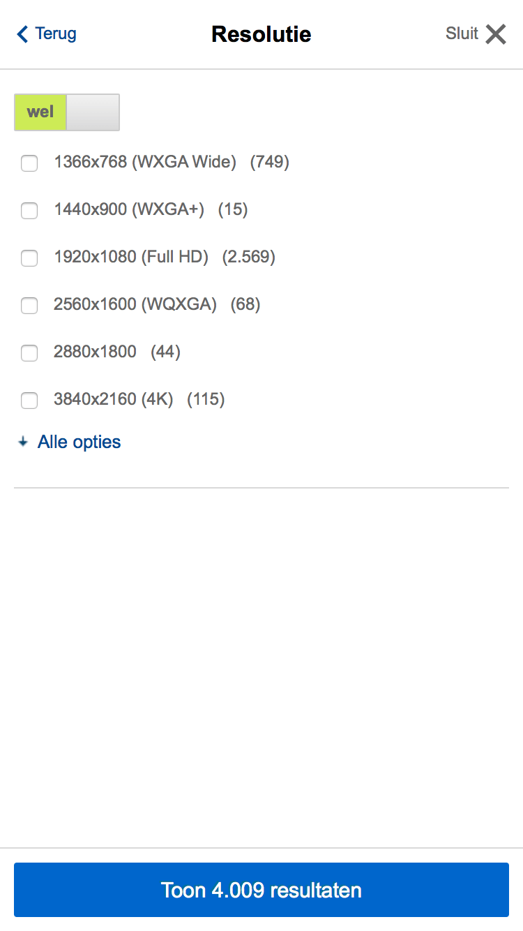 Full focus overzicht - Filter option list