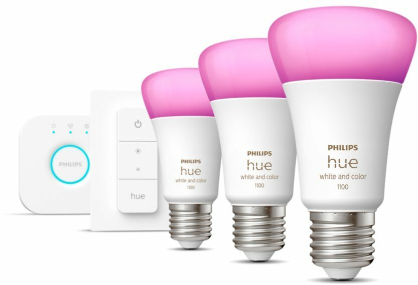 Philips Hue Starterkit - 2 Lampen - E27 - Wit en Gekleurd Licht - 1100lm - 1 Smart Button - Inclusief Hue Bridge - Dimbaar - Verbind met Bluetooth of Hue Bridge
