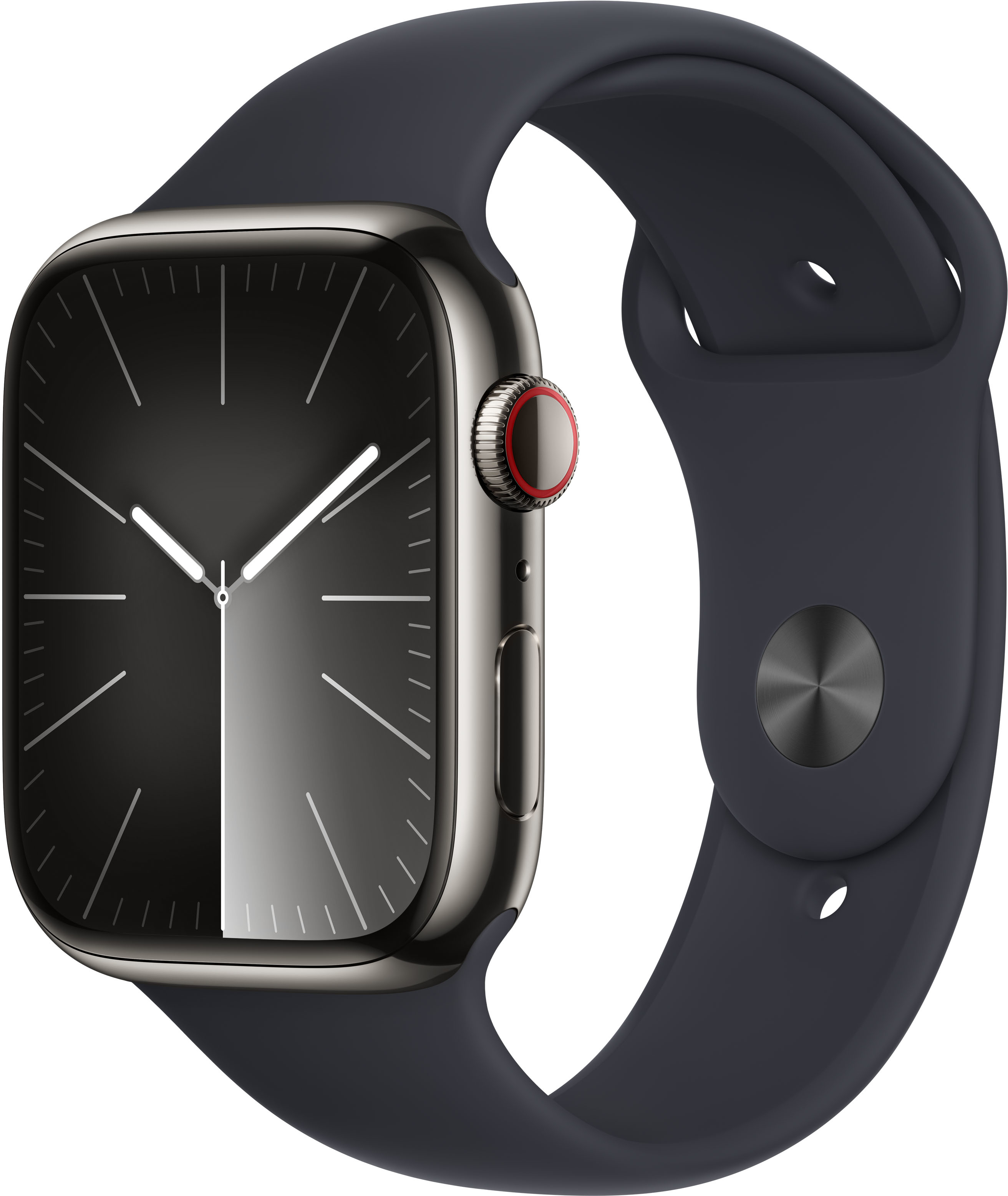 Apple Watch Series 9, 45mm, GPS + Cellular, RVS, Sportbandje M/L