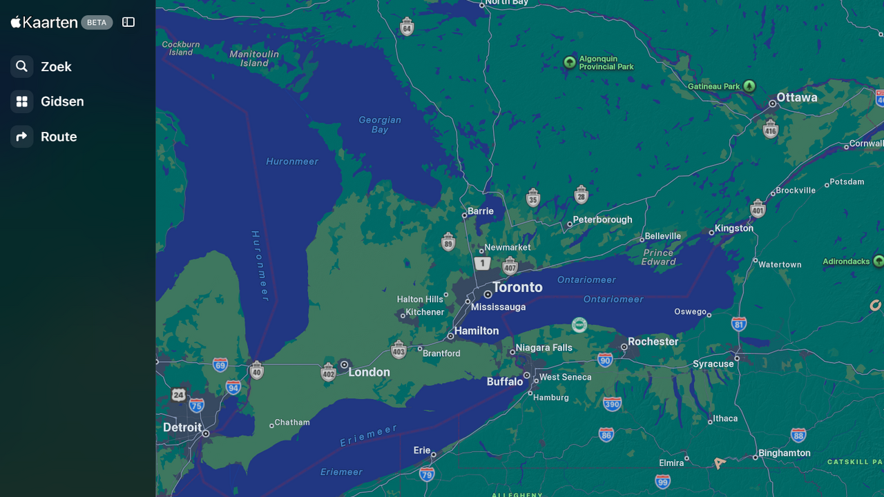 Apple Maps noemt Lake Ontario in VS Lake America, maar in Canada niet