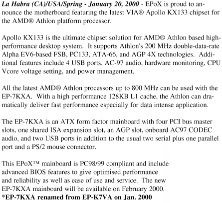 Epox 7KXA press release