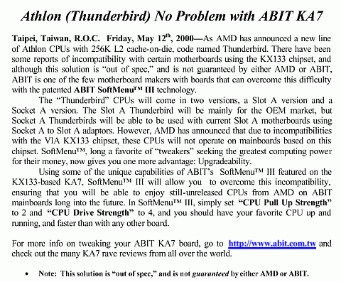 ABIT\'s Press Release on compatibility of Athlon KA7 with Thunderbird
