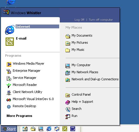 Windows Whistler\'s start menu