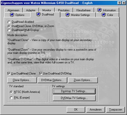 Matrox G450 configuratie opties