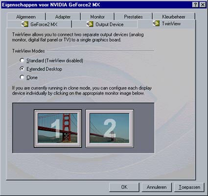 nVidia GeForce2 MX TwinView configuratie opties