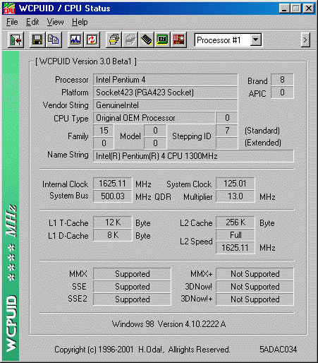 Pentium 4 1,3GHz @ 1625MHz
