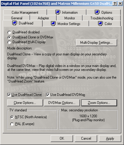 Matrox G450 dual-display proprties