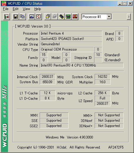 WCPUID screenshot: 2,6GHz Pentium 4
