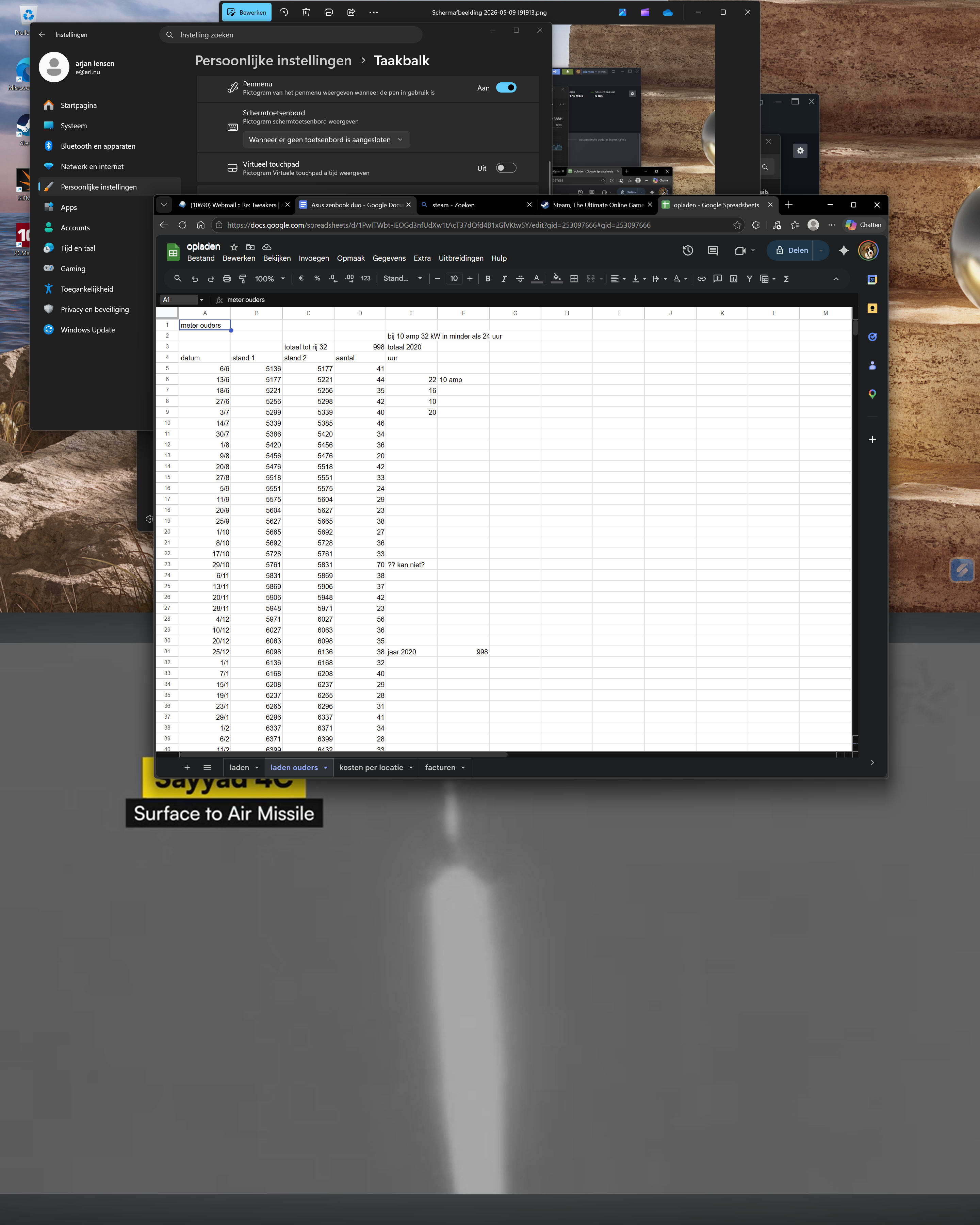 spreadsheet verborgen taakbalk