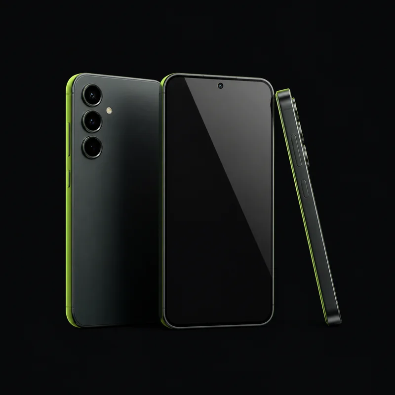 Smartphone met drievoudige cameramodule, van voor-, achter- en zijkant