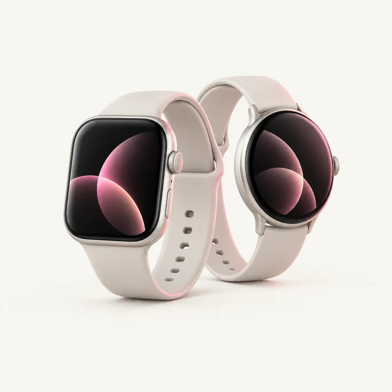 Twee smartwatches naast elkaar, met een vierkante en een ronde wijzerplaat