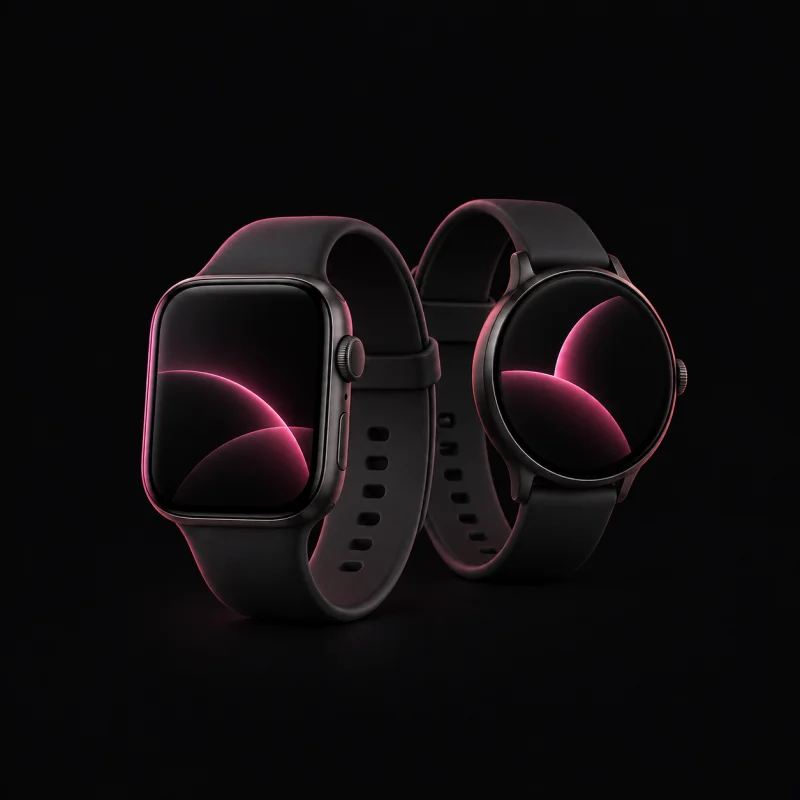 Twee smartwatches naast elkaar, met een vierkante en een ronde wijzerplaat