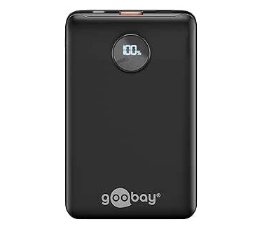 Goobay Externe accu met 10.000 mAh, compacte powerbank met 2 USB-A en USB-C-poorten, draagbare kleine mobiele oplader voor het opladen van Apple iPhone, Samsung Galaxy, Xiaomi enz., zwart, 65868