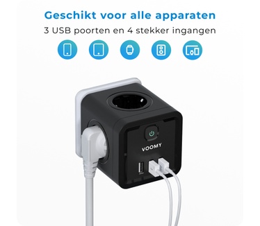 Voomy Cube Verdeelstekker 7-Voudig - Stopcontact Splitter - 3 USB Poorten - Stekkerdoos - Zwart