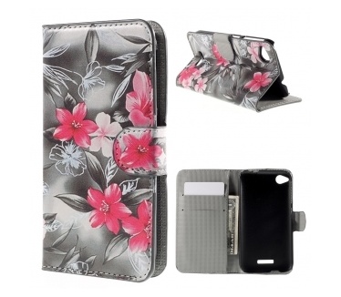 qMust HTC Desire 320 wallet case - hoesje met stand - Flowers Grey