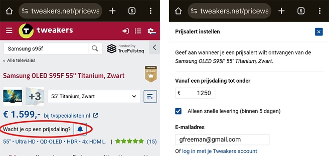 Tweakers prijsalert
