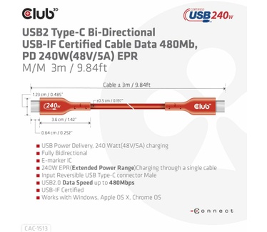 Club 3D CLUB3D USB2 Type-C Bi-Directional USB-IF Certified Cable Data 480Mb, PD 240W(48V/5A) EPR M/M 3m / 9.84 ft Oranje