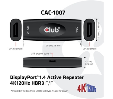 Club 3D DisplayPort 1.4 Active Repeater 4K120Hz HBR3 F/F Zwart