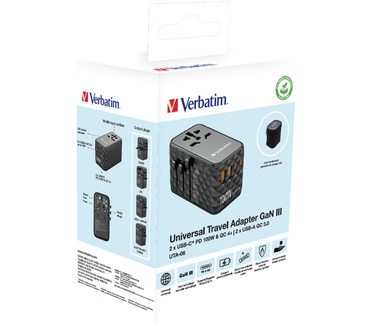 Verbatim GaN III universele reisadapter UTA-06 Met 2 x USB-C PD & QC 4+ & 2 x USB-A QC 3.0 poorten