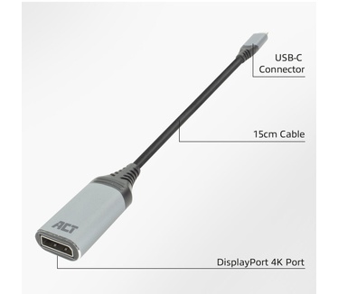 ACT AC7030 USB-C to DisplayPort 4K @ 60Hz adapter Grijs, Zwart
