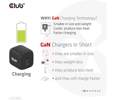 Club 3D Travel Charger PPS 45W GAN technology, Dual port USB Type-C, Power Delivery(PD) 3.0 Support
