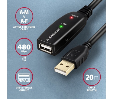 Axagon ADR-220 USB 2.0 A-M -> A-F active extension/repeater cable 20m - Kabel - Digital/Daten