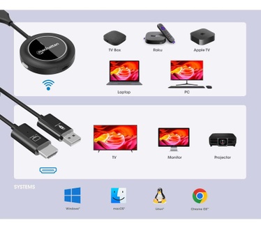 Manhattan Draadloze HDMI-presentatieset 1080p, 2-delige set met HDMI-ontvanger en HDMI-zender (dongle), voor draadloze videoweergave vanaf laptop, tablet of smartphone naar tv of HDMI-projector, zwart