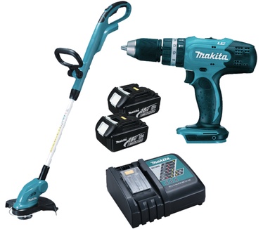 Makita DHP453 + grastrimmer (DUR181) + 2x 3000mAh accu