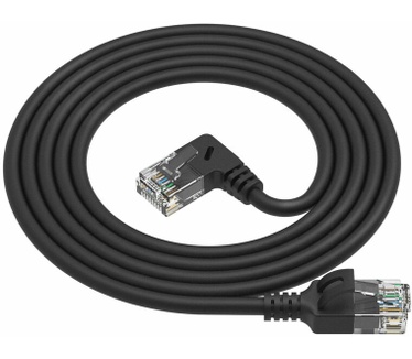 ACT Zwarte 2 meter U/UTP CAT6A LSZH slimline patchkabel met RJ45 connectoren, recht naar 90° haaks rechts