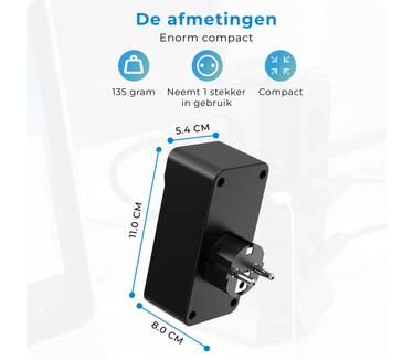 Voomy Verdeelstekker - 1 USB-C & 1 USB-A Poort - 2 stopcontacten - 4000W - Zwart