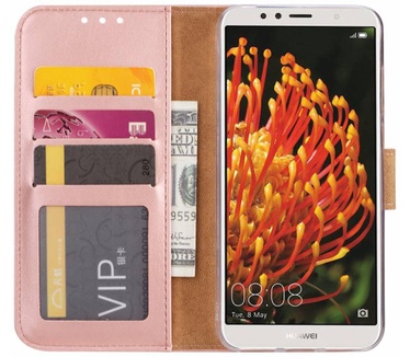 Luxe Lederen Bookcase hoesje voor de Huawei Y6 2018 - Metallic Roze (Huawei Y6 2018) Rosé Goud