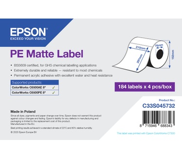 Epson PE Matte Label - Die-Cut Roll: 210mm x 297mm, 184 labels