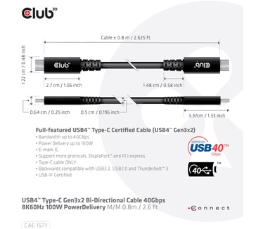Club 3D CAC-1571 USB4 Type-C Gen3x2 40Gbps 8K60Hz 100W PowerDelivery Zwart
