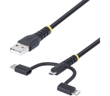 Startech.com 1m Robuuste USB Multi Oplaadkabel, USB naar Lightning/Micro-USB/Type-C, Apple MFi Gecertificeerd, Aramide Mantel, Universele 3-in-1 USB Laadkabel voor iPhone/iPad/Android