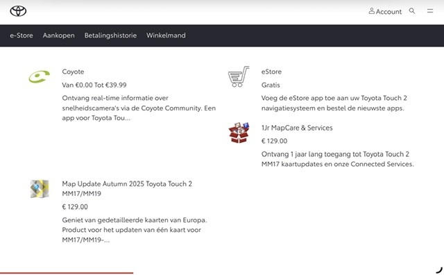 Toyota.nl e-Store - na koppelen multimedia systeem aan account - maart 2026  (voor Toyota Corolla Hy