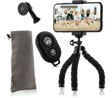 Mojogear Flexibel mini-statief met schuimrubber poten KIT: incl. telefoonhouder, bluetooth remote, GoPro-adapter & opbergzakje