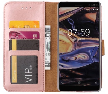 Luxe Lederen Bookcase hoesje voor de Nokia 7 Plus - Metallic Roze (Nokia 7 Plus) Rosé Goud