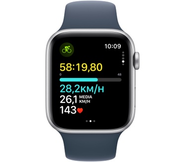 Apple Watch SE (2023), 44mm, GPS, Sportbandje M/L, Zilver (Blauw)