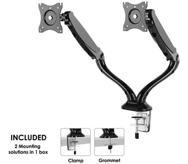 Newstar Full Motion Dual Desk Mount (clamp & grommet) for two 10-27" Monitor Screens, Height Adjustable (gas spring) - Black