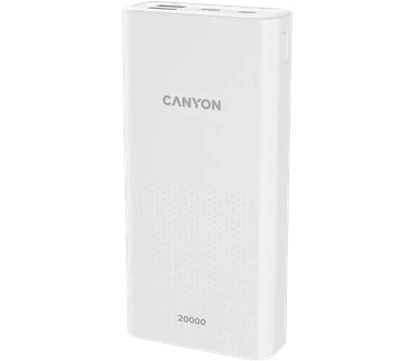 Canyon PB-2001. Capaciteit van de accu/batterij: 20000 mAh, Batterijtechnologie: Lithium-Polymeer (LiPo). USB A-uitvoerpoorten: 2. Output current: 2,1 A. Kleur van het product: Wit