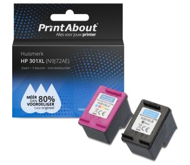 PrintAbout Huismerk HP 301XL (N9J72AE) Inktcartridge Zwart + 3 kleuren Voordeelbundel Hoge capaciteit