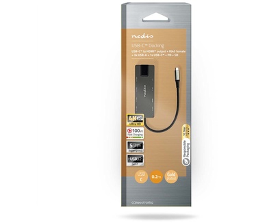 Nedis USB-Adapter | USB 3.2 Gen 1 | USB-C™ Female | HDMI™ Output / RJ45 Female / SD / 2x USB-C™ / 3,5 mm Female / 3x USB-A Female | 5 Gbps | 0.20 m | Rond | Verguld | PVC | Antraciet | Doos