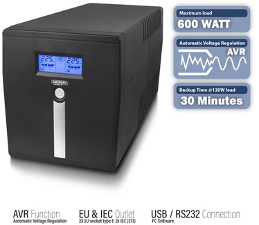 Eminent UPS, 1000 VA, 2x CEE7/3, 2x C13, 1x USB, 1x RS232 1 stk