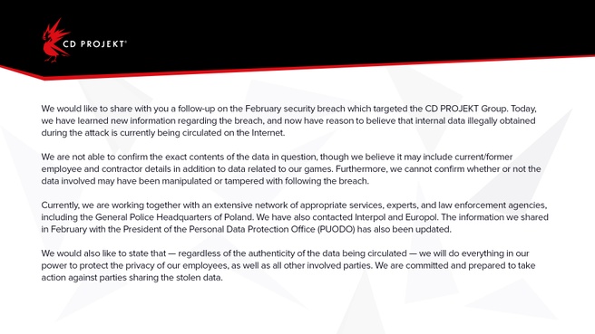 CD Projekt statement juni 2021