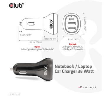 Club 3D Notebook / Laptop Car Charger 36 Watt