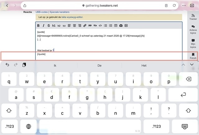 Dode zone boven iPad onscreen toetsenbord waar touchscreen niet reageert met rood aangegeven