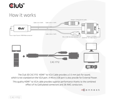 Club 3D HDMI to VGA Cable M/M 2m/6.56ft 28AWG