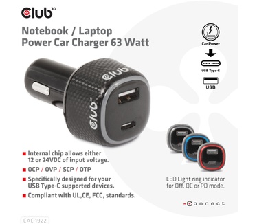 Club 3D Notebook / Laptop Power Car Charger 63 Watt