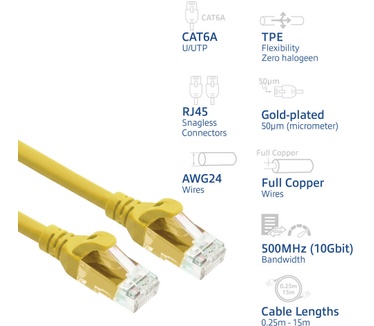 ACT Gele 7 meter TPE U/UTP CAT6A ultra-flex patchkabel snagless met RJ45 connectoren