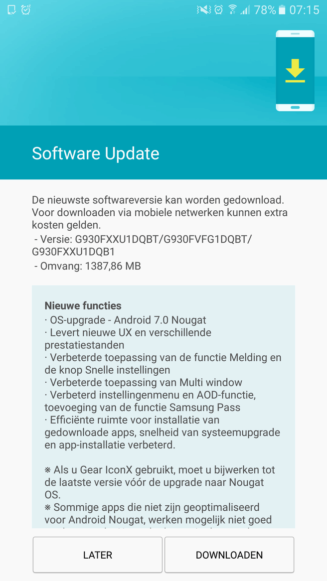 Nougat-update voor Samsung Galaxy S7